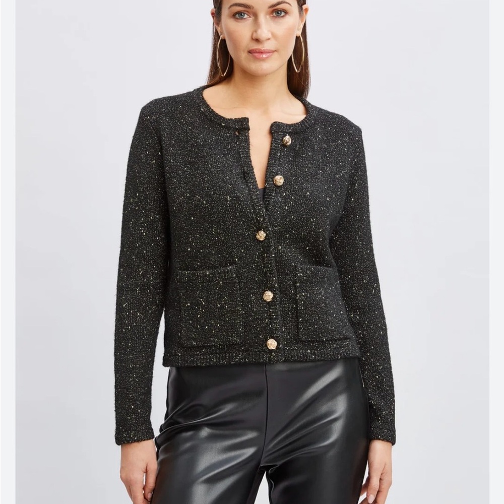 Tahari Black Cardigan Sweater with Gold Accents